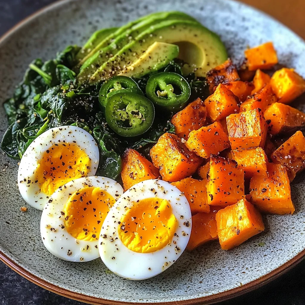 Avocado Power Plate with Jammy Eggs, Spinach & Sweet Potatoes
