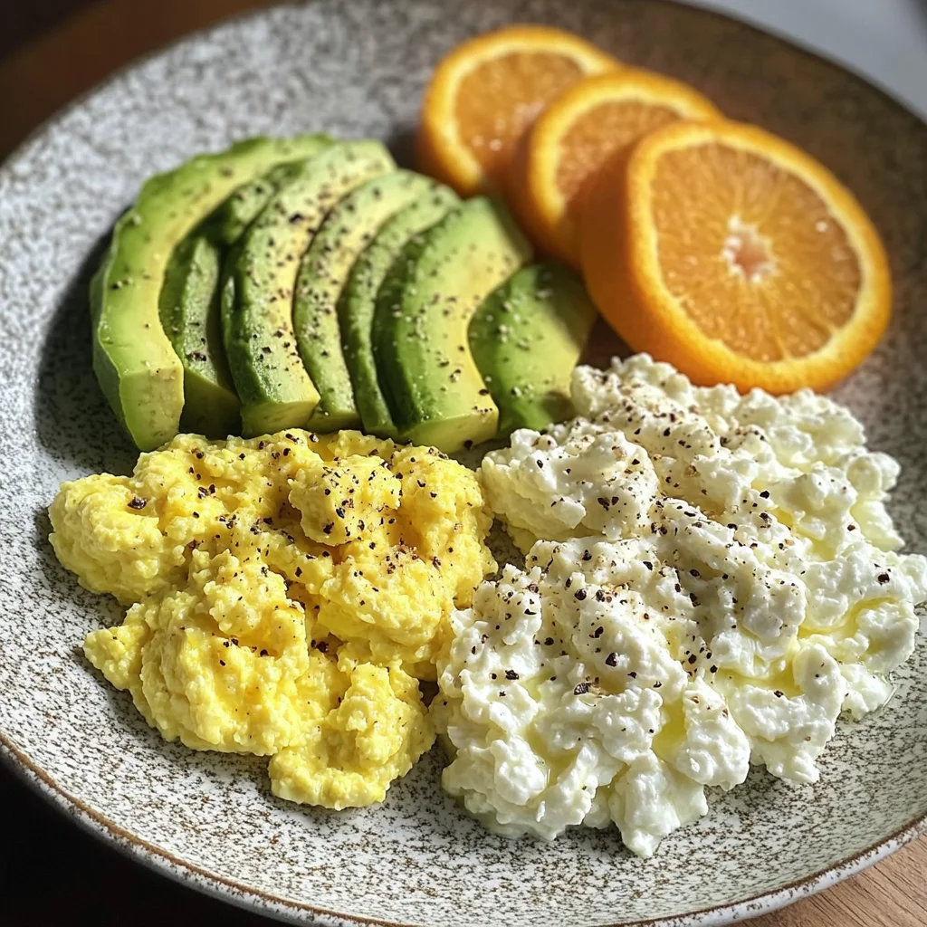 Avocado, Scrambled Eggs & Cottage Cheese Plate with Fresh Orange
