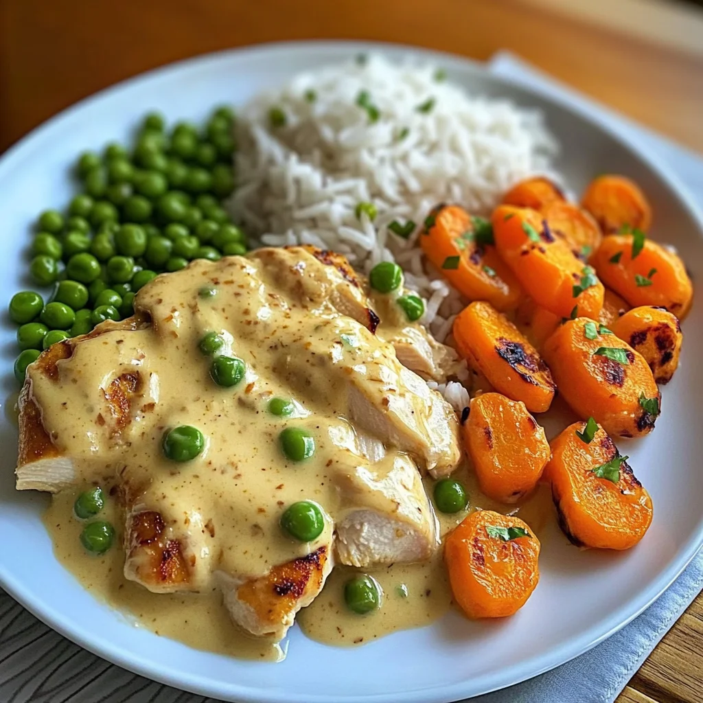 Creamy Garlic Chicken with Fluffy Rice and Glazed Carrots
