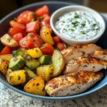 Herb Chicken with Roasted Potatoes, Tomato Salad & Yogurt Dip