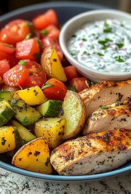 Herb Chicken with Roasted Potatoes, Tomato Salad & Yogurt Dip