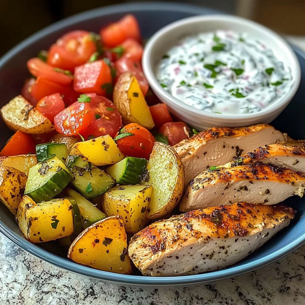 Herb Chicken with Roasted Potatoes, Tomato Salad & Yogurt Dip