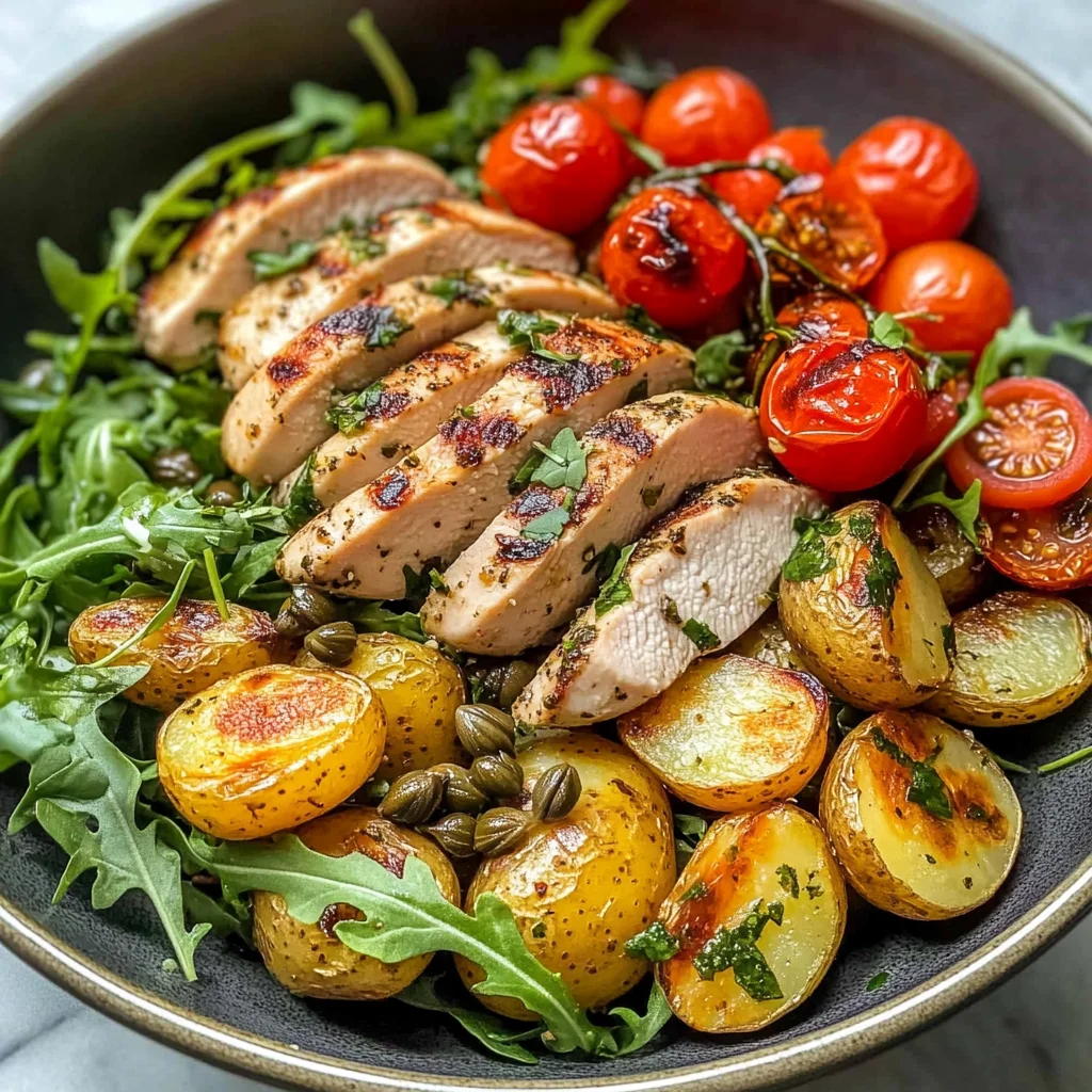 Herbed Chicken Bowl with Crispy Potatoes & Tomato Caper Salad