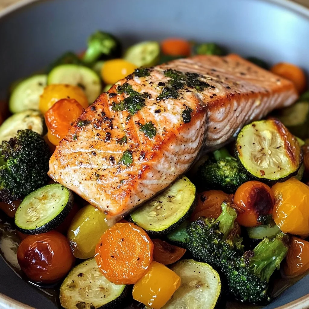 Pan-Seared Salmon with Garlic Veggie Medley