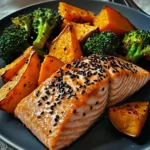 Sesame Glazed Salmon with Sweet Potato Wedges & Broccoli