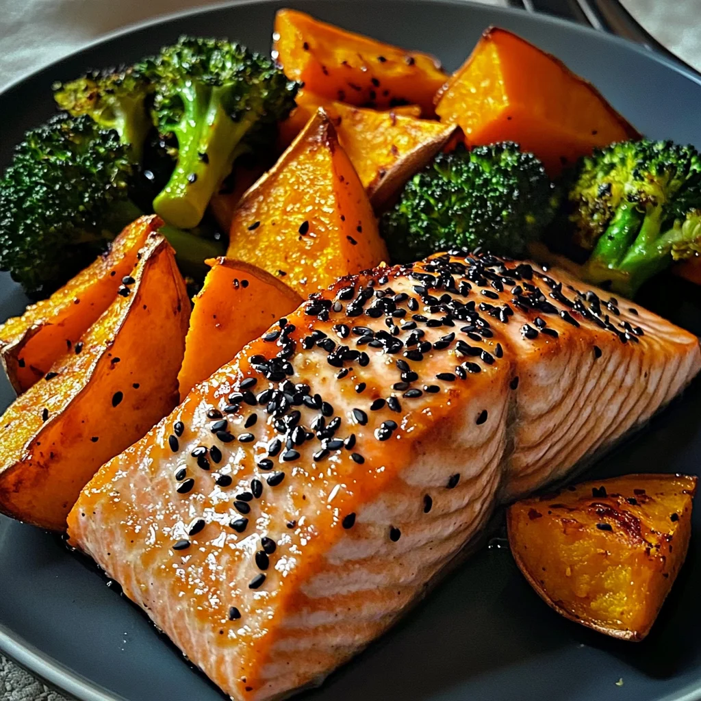 Sesame Glazed Salmon with Sweet Potato Wedges & Broccoli