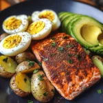 Spiced Salmon with Garlic Herb Potatoes, Avocado & Soft-Boiled Eggs