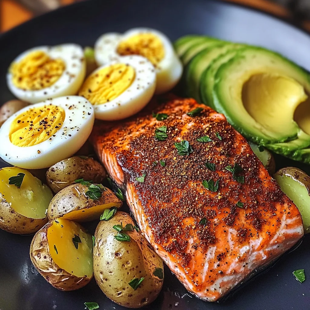 Spiced Salmon with Garlic Herb Potatoes, Avocado & Soft-Boiled Eggs