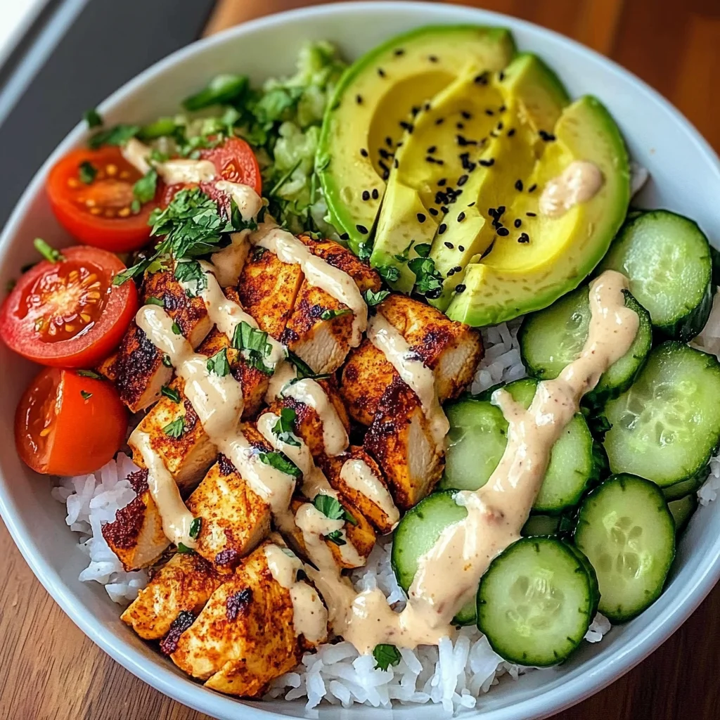 Spicy Chicken Rice Bowl with Avocado & Cucumber Salad