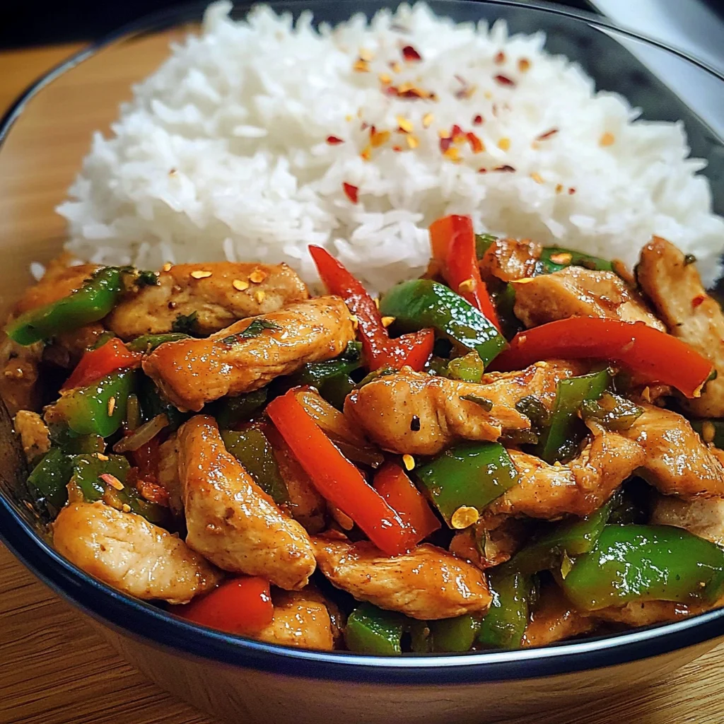 Spicy Garlic Pepper Chicken Stir-Fry with Steamed Rice