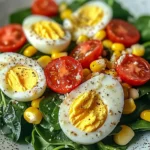 Spinach Salad with Soft-Boiled Eggs, Cherry Tomatoes, Corn & Creamy Dressing
