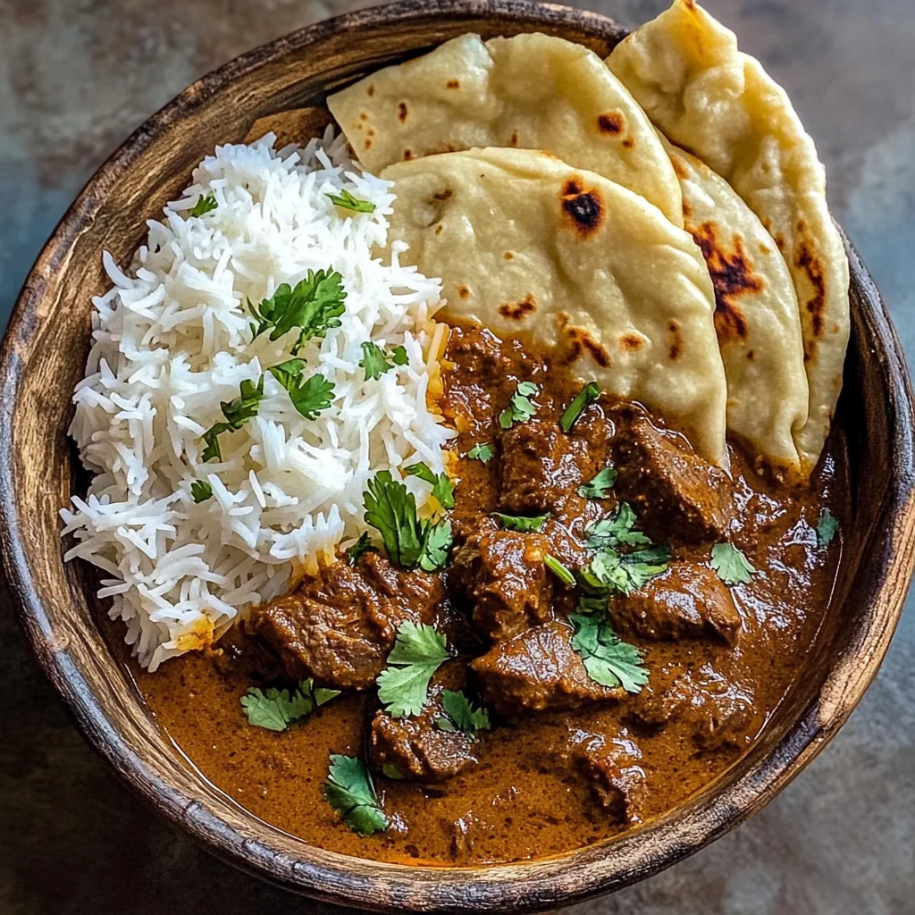 Beef Coconut Curry with Fragrant Rice and Warm Naan