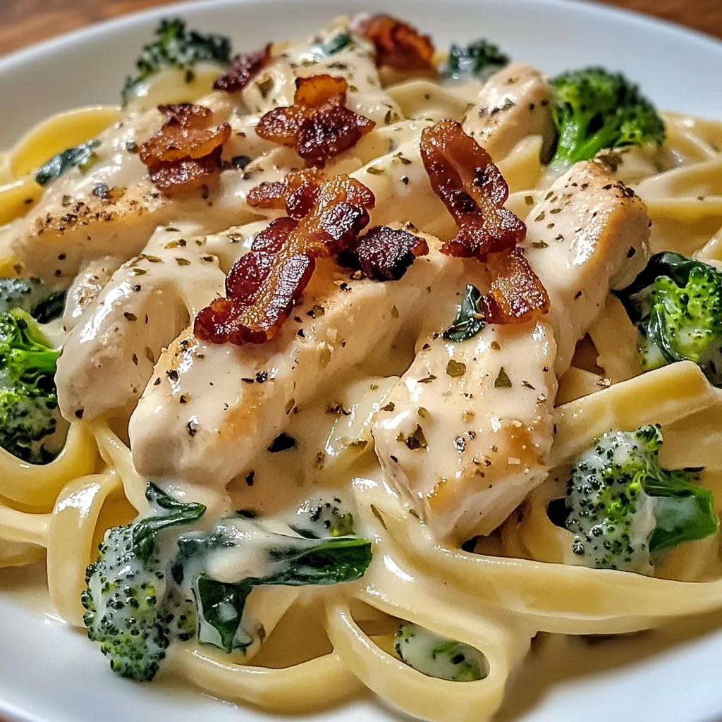 Creamy Chicken Bacon Fettuccine Alfredo with Spinach & Broccoli