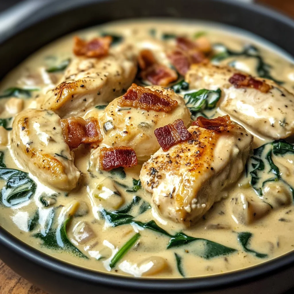 Creamy Chicken Stroganoff with Spinach and Crispy Bacon