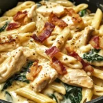 Creamy Garlic Chicken Bacon Penne with Spinach