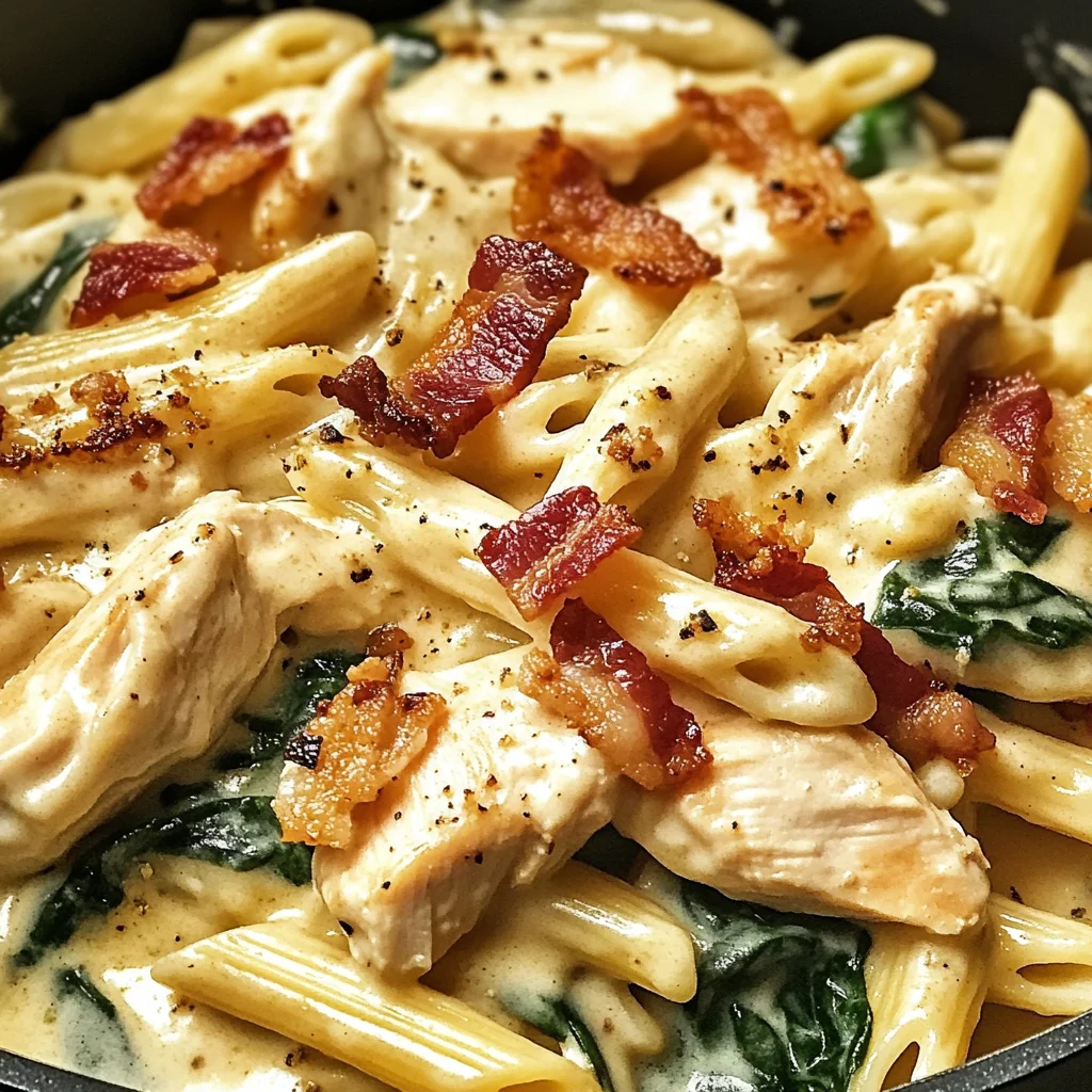 Creamy Garlic Chicken Bacon Penne with Spinach
