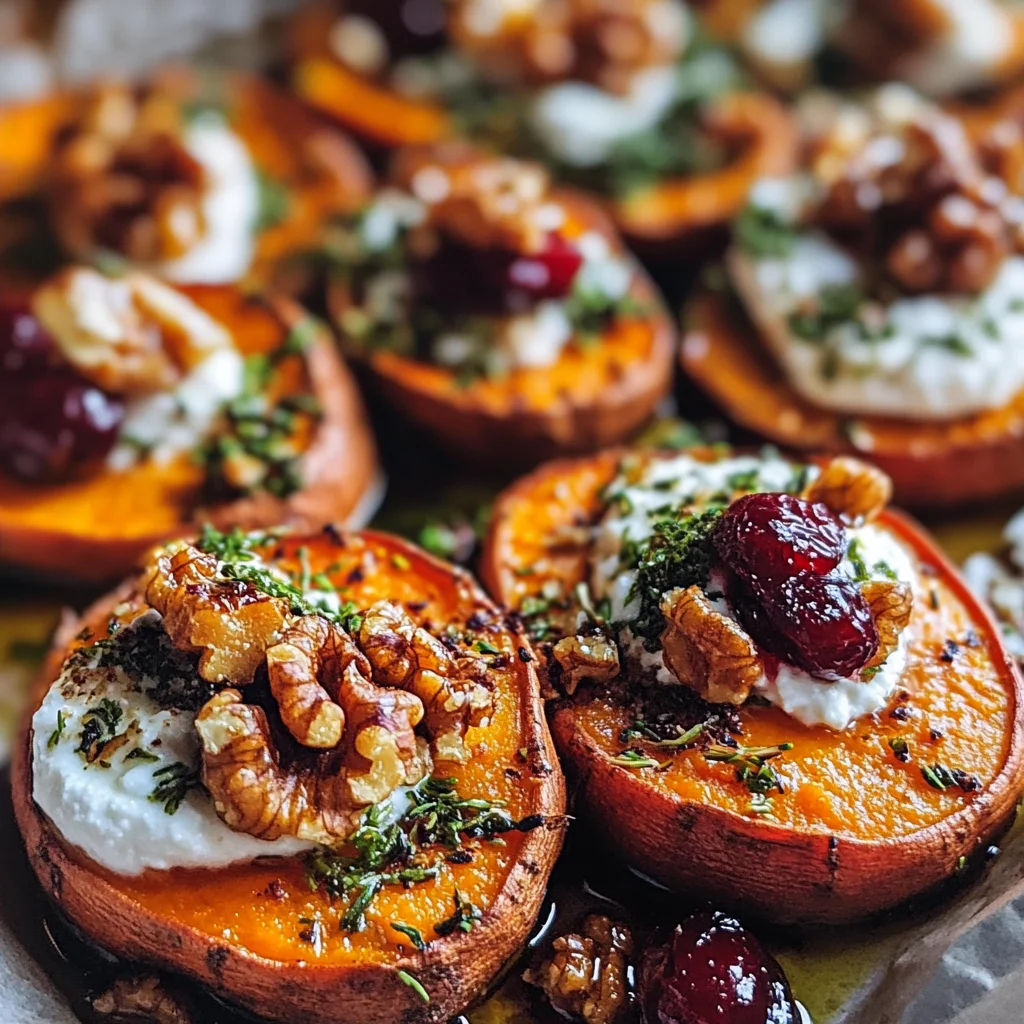 Roasted Sweet Potato Rounds with Herbed Ricotta, Walnuts, and Cranberries
