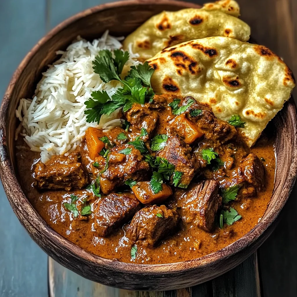 Slow-Cooked Beef and Coconut Curry with Garlic Naan