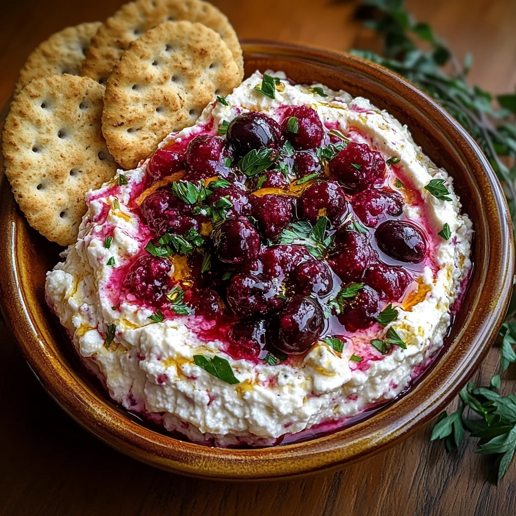Cranberry whipped feta dip with crackers delights all!