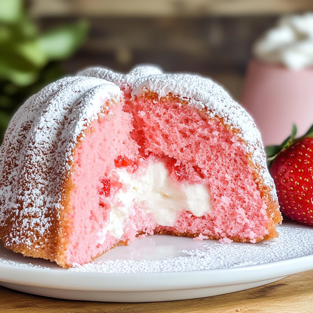 Strawberry Marshmallow Cake (Strawberry Bundt Cake with Marshmallow Cream Filling)