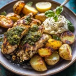 Sheet Pan Pesto Chicken and Lemon Butter Potatoes with Whipped Feta