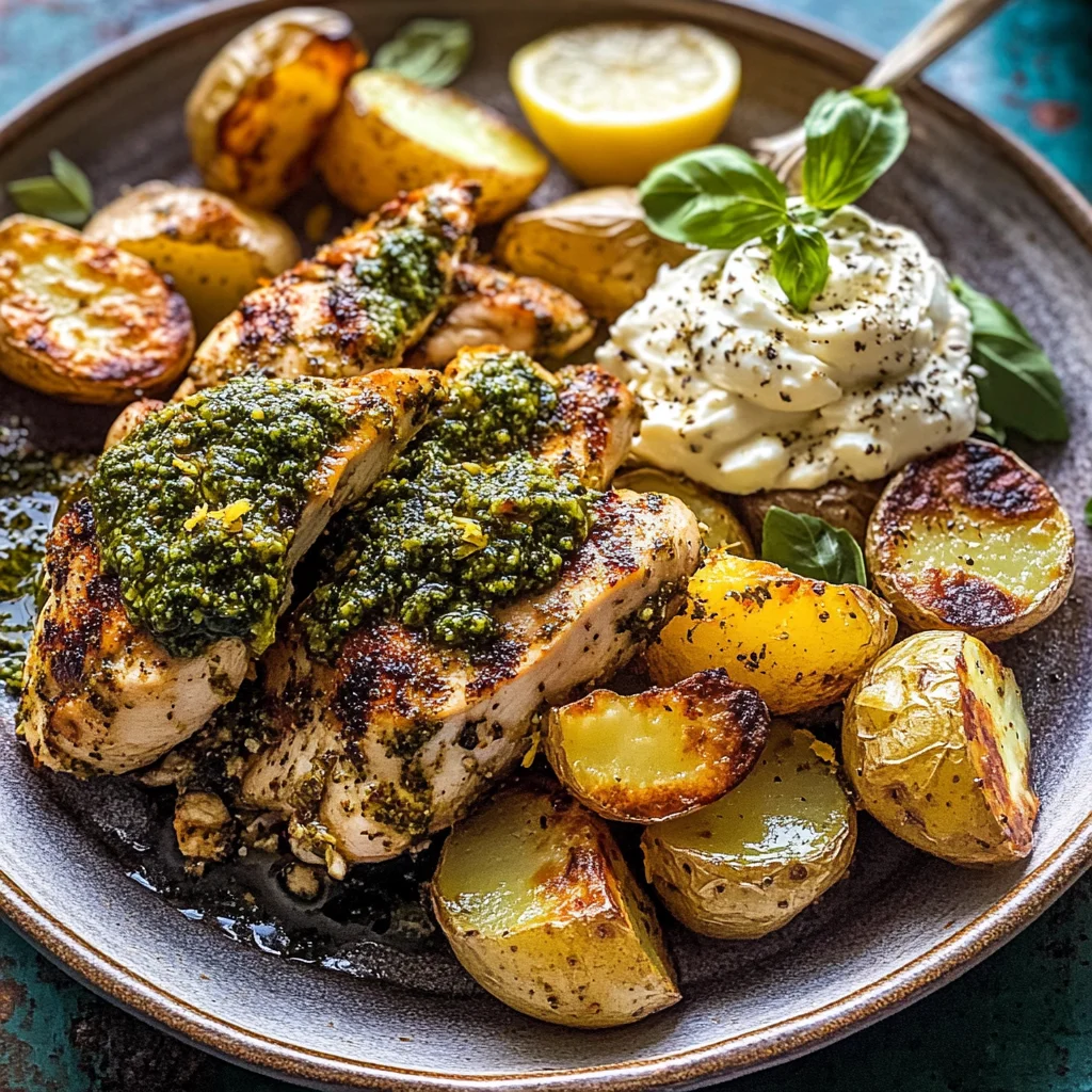 Sheet Pan Pesto Chicken and Lemon Butter Potatoes with Whipped Feta